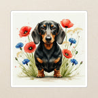 Dachshund Watercolor Kiss-Cut Sticker, Soft Dog Art, Dachshund Lover Gift, Waterproof Vinyl kiss-cut vinyl sticker applied to a journal cover on a limestone desk, photographed from directly above