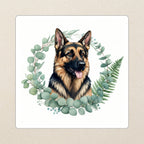 German Shepherd Watercolor Kiss-Cut Sticker, Soft Dog Art, German Shepherd Lover Gift, Waterproof Vinyl kiss-cut vinyl sticker applied to a journal cover on a limestone desk, photographed from directly above