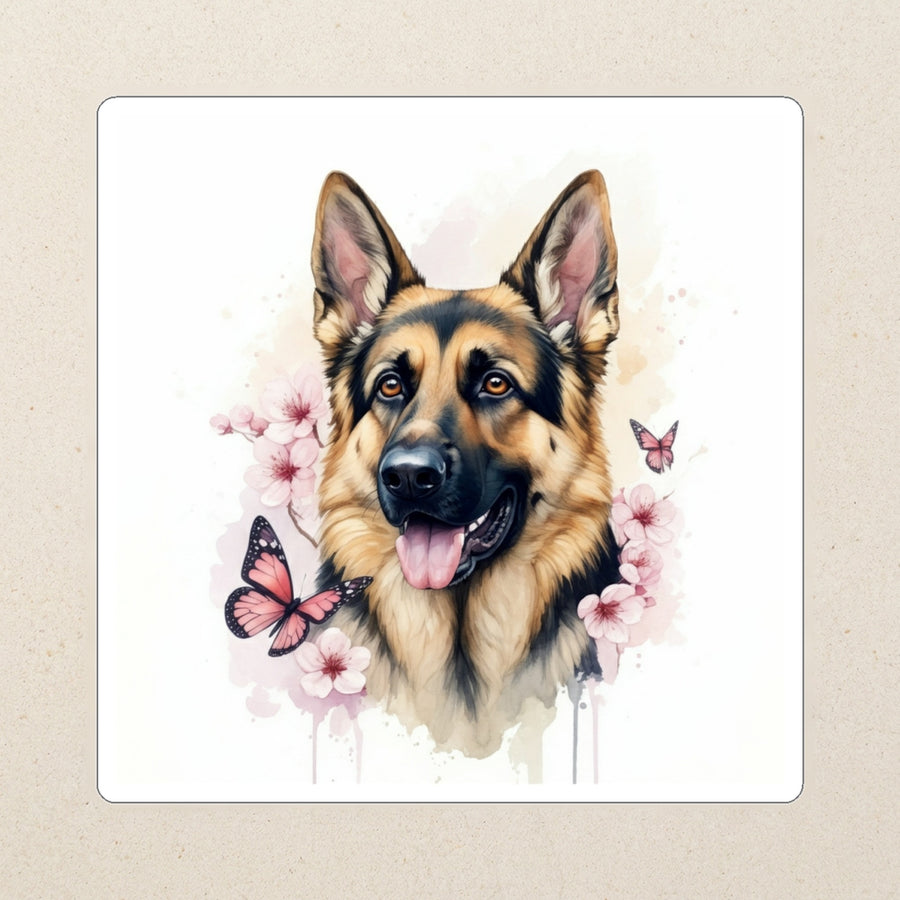 German Shepherd Watercolor Kiss-Cut Sticker, Soft Dog Art, German Shepherd Lover Gift, Waterproof Vinyl kiss-cut vinyl sticker applied to a journal cover on a limestone desk, photographed from directly above