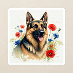 German Shepherd Watercolor Kiss-Cut Sticker, Soft Dog Art, German Shepherd Lover Gift, Waterproof Vinyl kiss-cut vinyl sticker applied to a journal cover on a limestone desk, photographed from directly above