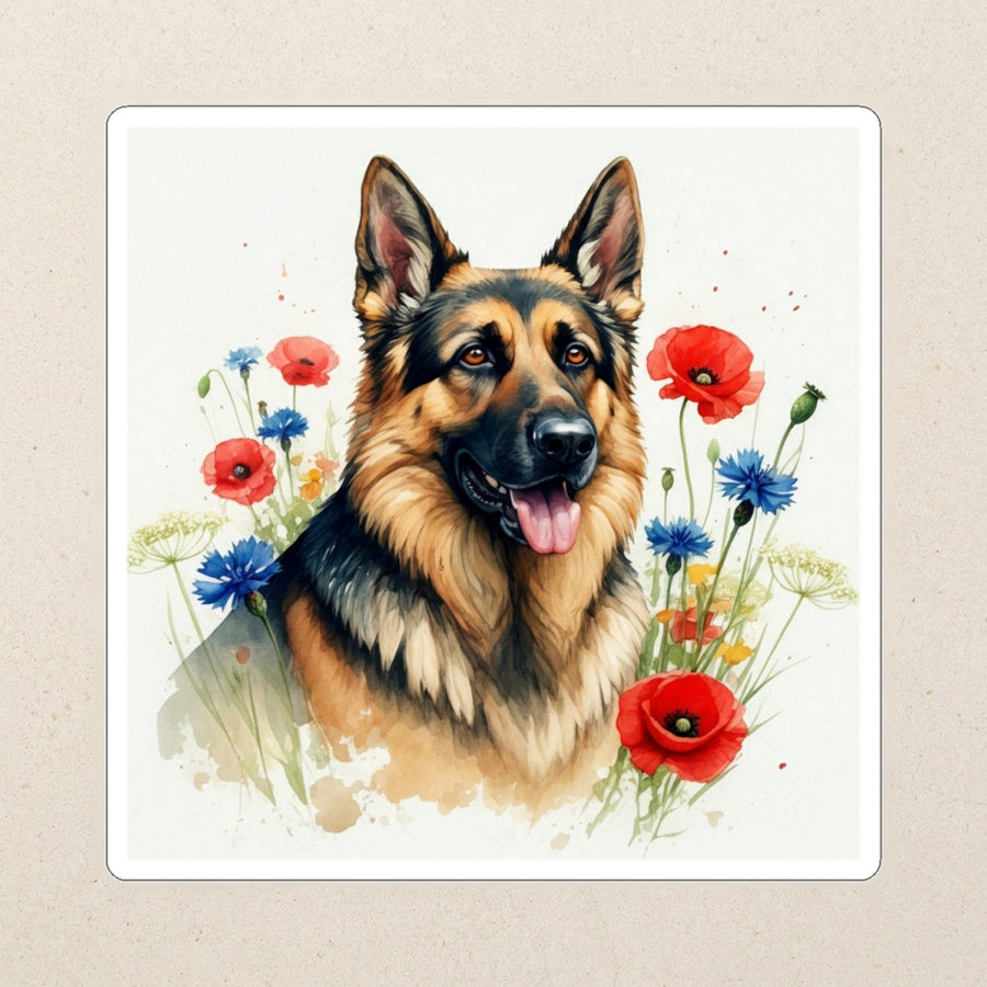 German Shepherd Watercolor Kiss-Cut Sticker, Soft Dog Art, German Shepherd Lover Gift, Waterproof Vinyl kiss-cut vinyl sticker applied to a journal cover on a limestone desk, photographed from directly above