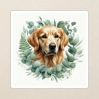 Golden Retriever Watercolor Kiss-Cut Sticker, Soft Dog Art, Golden Retriever Lover Gift, Waterproof Vinyl kiss-cut vinyl sticker applied to a journal cover on a limestone desk, photographed from directly above
