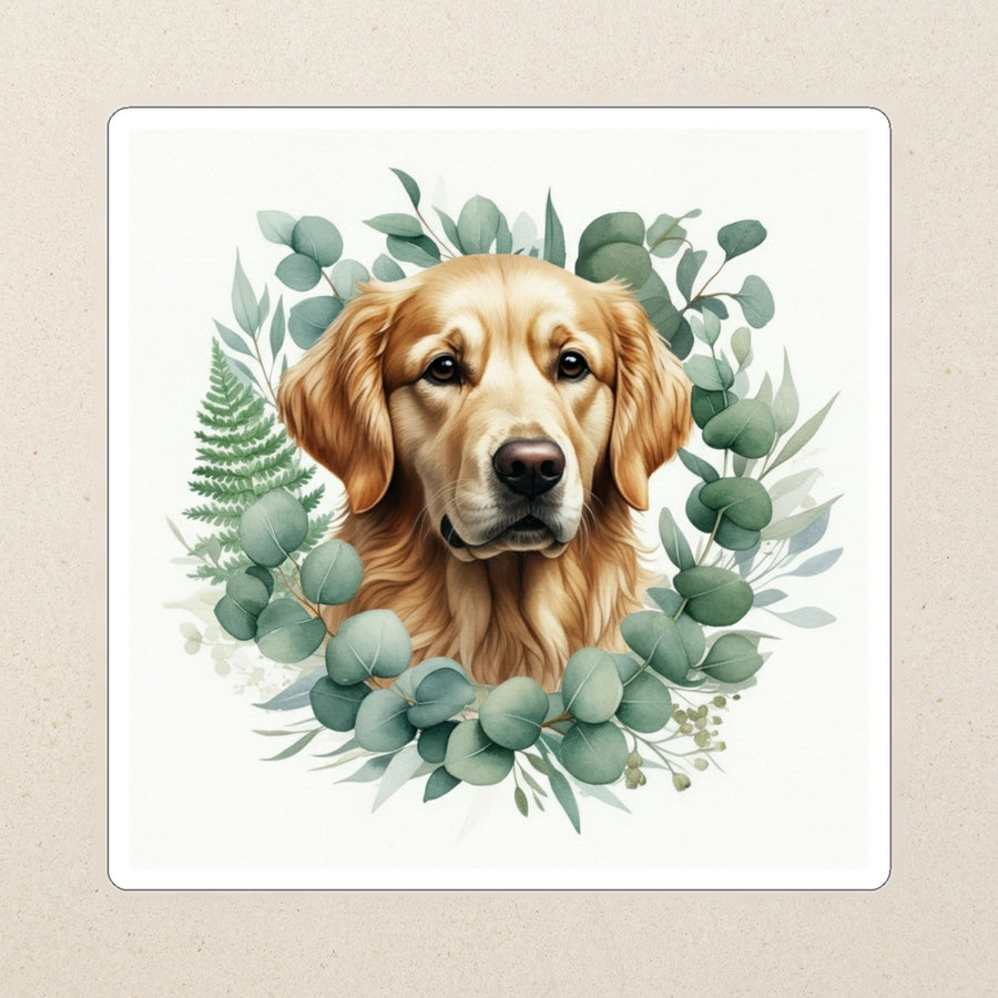 Golden Retriever Watercolor Kiss-Cut Sticker, Soft Dog Art, Golden Retriever Lover Gift, Waterproof Vinyl kiss-cut vinyl sticker applied to a journal cover on a limestone desk, photographed from directly above