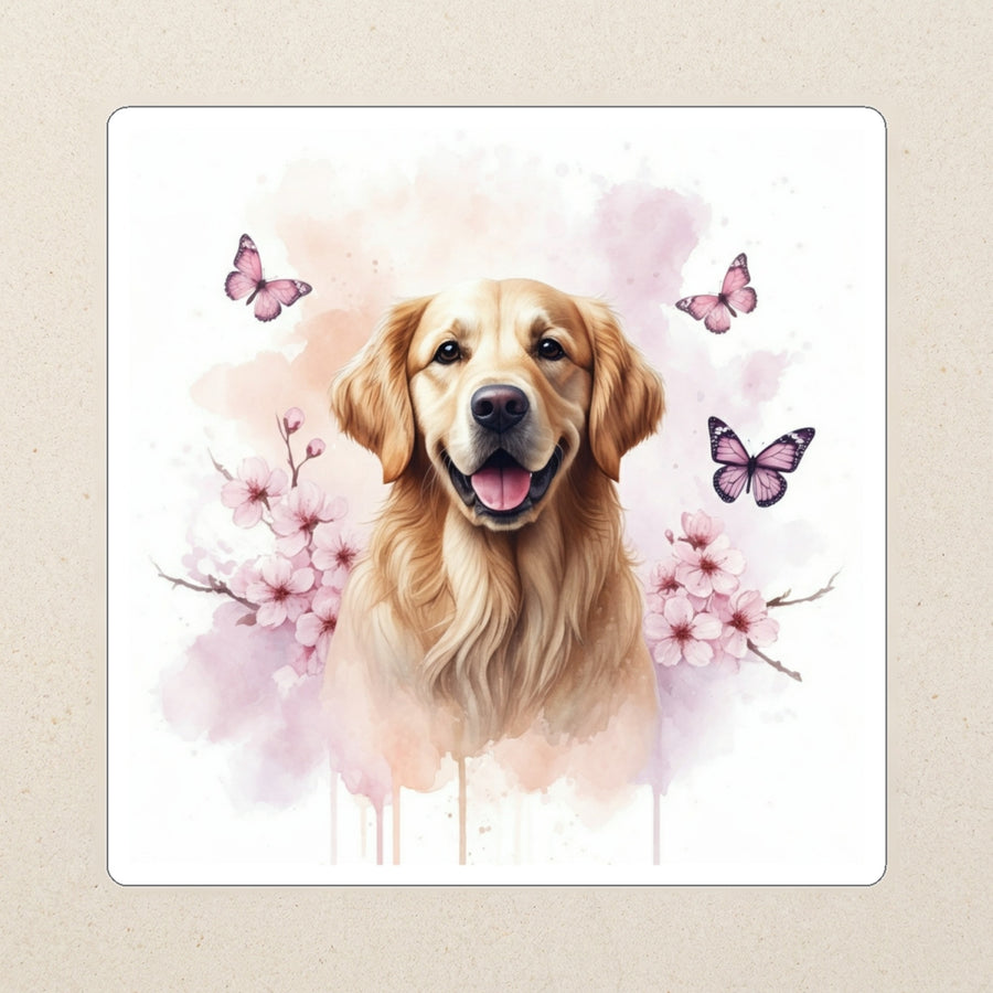 Golden Retriever Watercolor Kiss-Cut Sticker, Soft Dog Art, Golden Retriever Lover Gift, Waterproof Vinyl kiss-cut vinyl sticker applied to a journal cover on a limestone desk, photographed from directly above