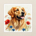 Golden Retriever Watercolor Kiss-Cut Sticker, Soft Dog Art, Golden Retriever Lover Gift, Waterproof Vinyl kiss-cut vinyl sticker applied to a journal cover on a limestone desk, photographed from directly above