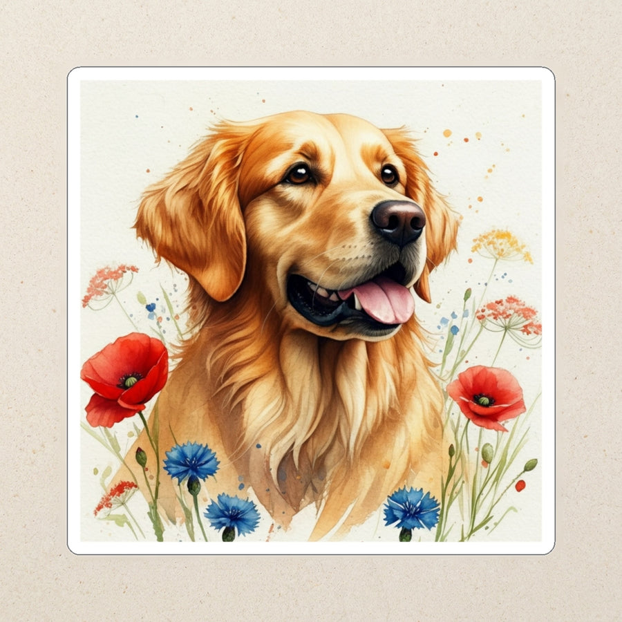 Golden Retriever Watercolor Kiss-Cut Sticker, Soft Dog Art, Golden Retriever Lover Gift, Waterproof Vinyl kiss-cut vinyl sticker applied to a journal cover on a limestone desk, photographed from directly above
