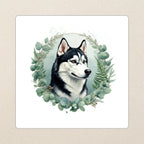 Siberian Husky Watercolor Kiss-Cut Sticker, Soft Dog Art, Siberian Husky Lover Gift, Waterproof Vinyl kiss-cut vinyl sticker applied to a journal cover on a limestone desk, photographed from directly above