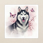 Siberian Husky Watercolor Kiss-Cut Sticker, Soft Dog Art, Siberian Husky Lover Gift, Waterproof Vinyl kiss-cut vinyl sticker applied to a journal cover on a limestone desk, photographed from directly above
