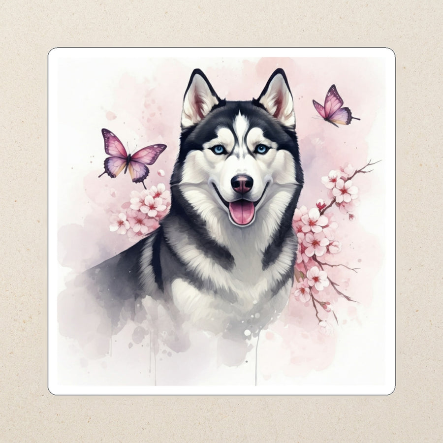 Siberian Husky Watercolor Kiss-Cut Sticker, Soft Dog Art, Siberian Husky Lover Gift, Waterproof Vinyl kiss-cut vinyl sticker applied to a journal cover on a limestone desk, photographed from directly above