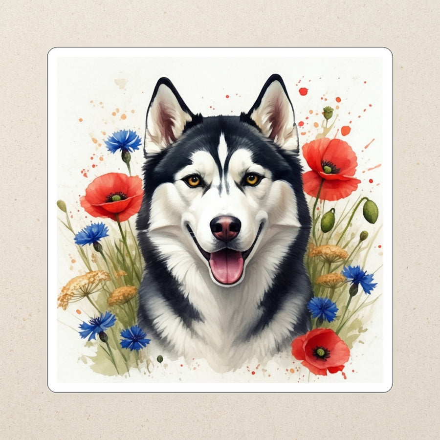 Siberian Husky Watercolor Kiss-Cut Sticker, Soft Dog Art, Siberian Husky Lover Gift, Waterproof Vinyl kiss-cut vinyl sticker applied to a journal cover on a limestone desk, photographed from directly above