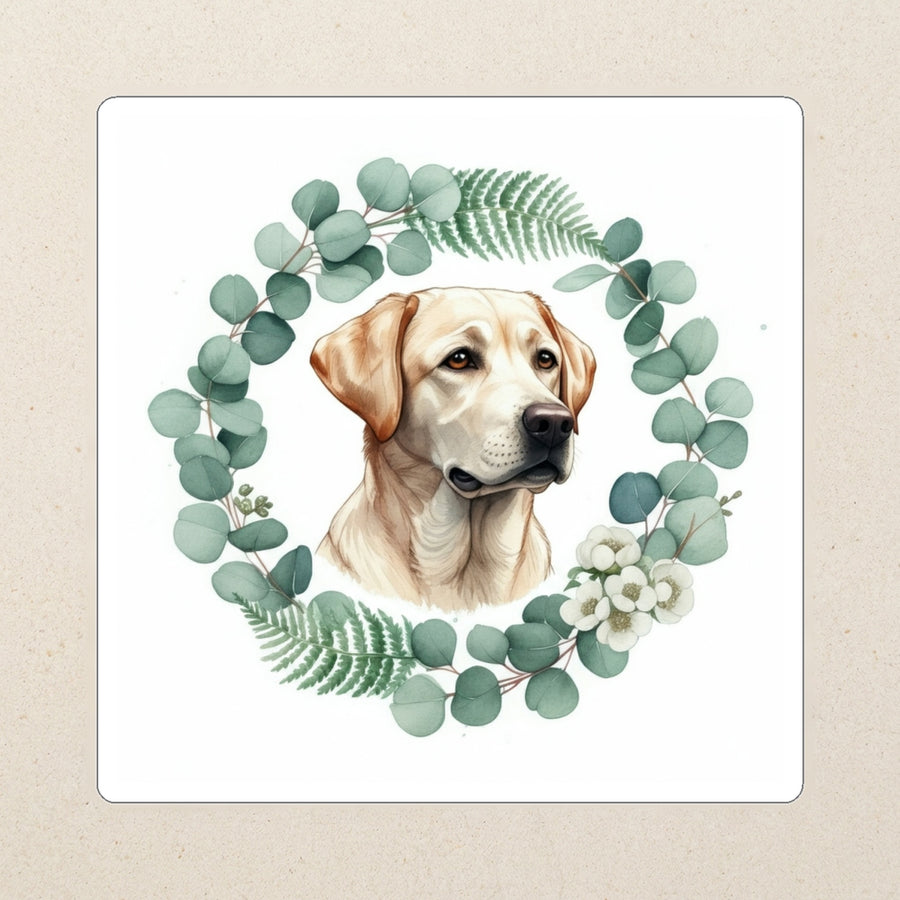Labrador Retriever Watercolor Kiss-Cut Sticker, Soft Dog Art, Labrador Retriever Lover Gift, Waterproof Vinyl kiss-cut vinyl sticker applied to a journal cover on a limestone desk, photographed from directly above