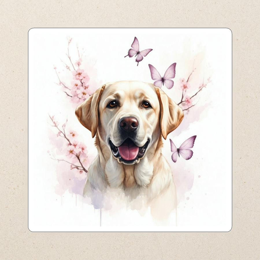 Labrador Retriever Watercolor Kiss-Cut Sticker, Soft Dog Art, Labrador Retriever Lover Gift, Waterproof Vinyl kiss-cut vinyl sticker applied to a journal cover on a limestone desk, photographed from directly above