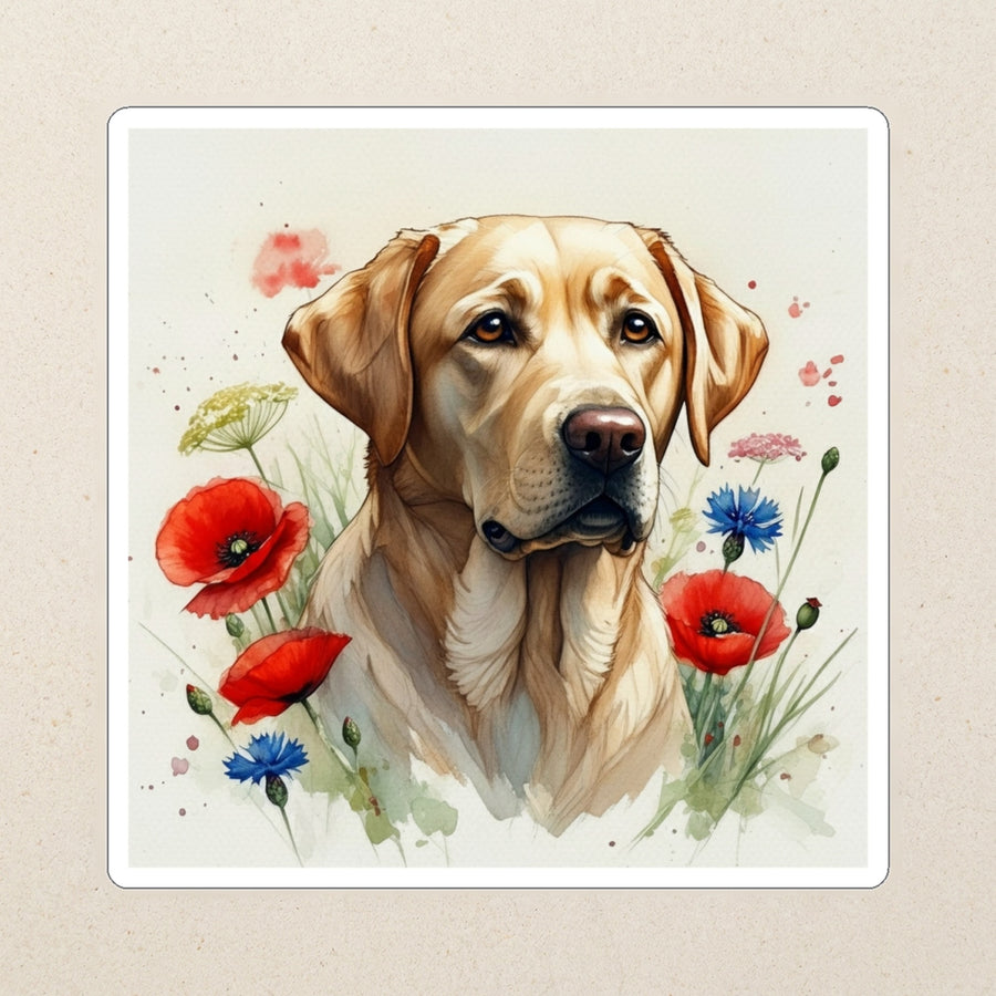 Labrador Retriever Watercolor Kiss-Cut Sticker, Soft Dog Art, Labrador Retriever Lover Gift, Waterproof Vinyl kiss-cut vinyl sticker applied to a journal cover on a limestone desk, photographed from directly above