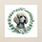 Poodle Watercolor Kiss-Cut Sticker, Soft Dog Art, Poodle Lover Gift, Waterproof Vinyl kiss-cut vinyl sticker applied to a journal cover on a limestone desk, photographed from directly above
