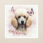 Poodle Watercolor Kiss-Cut Sticker, Soft Dog Art, Poodle Lover Gift, Waterproof Vinyl kiss-cut vinyl sticker applied to a journal cover on a limestone desk, photographed from directly above