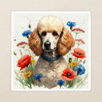 Poodle Watercolor Kiss-Cut Sticker, Soft Dog Art, Poodle Lover Gift, Waterproof Vinyl kiss-cut vinyl sticker applied to a journal cover on a limestone desk, photographed from directly above
