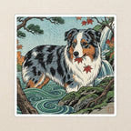 Australian Shepherd Japanese Print stocking stuffer gift set: round cork-back coaster and two 3x3 vinyl stickers