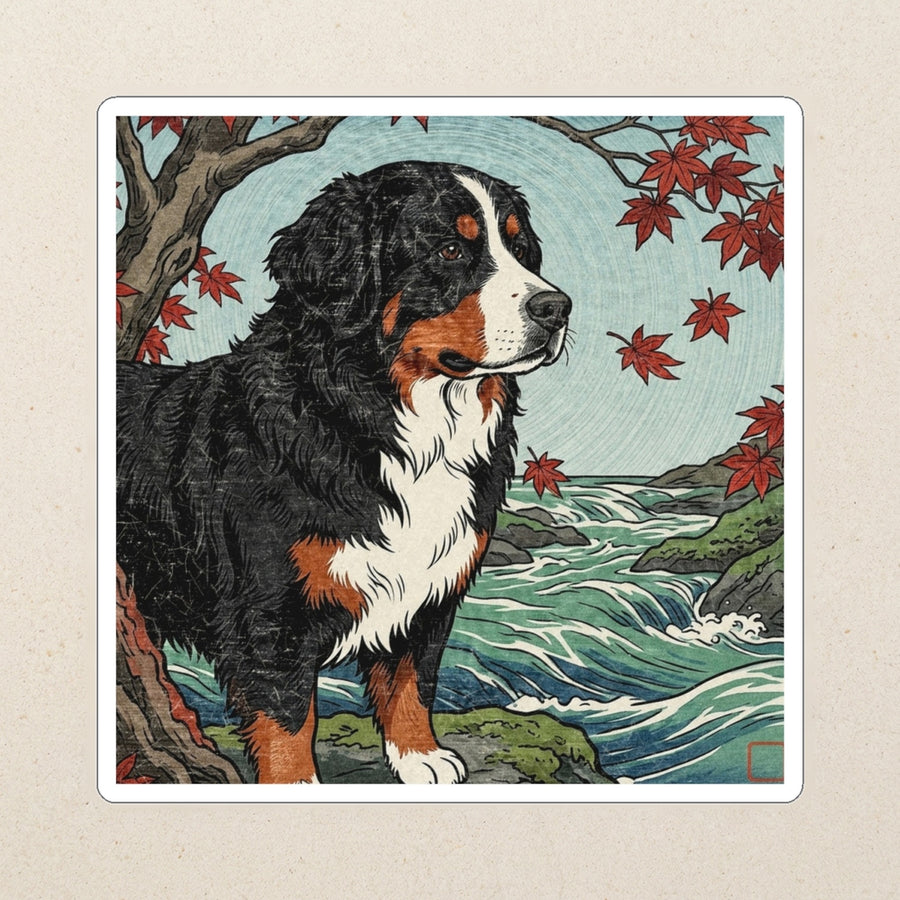 Bernese Mountain Dog Kiss-Cut Sticker, Japanese Print Dog Art, Bernese Mountain Dog Lover Gift, Vinyl Sticker kiss-cut vinyl sticker applied to a journal cover on a limestone desk, photographed from directly above