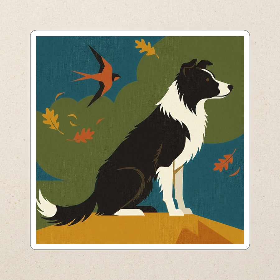 Border Collie Kiss-Cut Sticker, Retro Autumn Dog Art, Border Collie Lover Gift, Vinyl Sticker kiss-cut vinyl sticker applied to a journal cover on a limestone desk, photographed from directly above