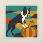 Boston Terrier Retro Autumn cozy gift set: sherpa fleece blanket, cork-back coaster, and vinyl sticker