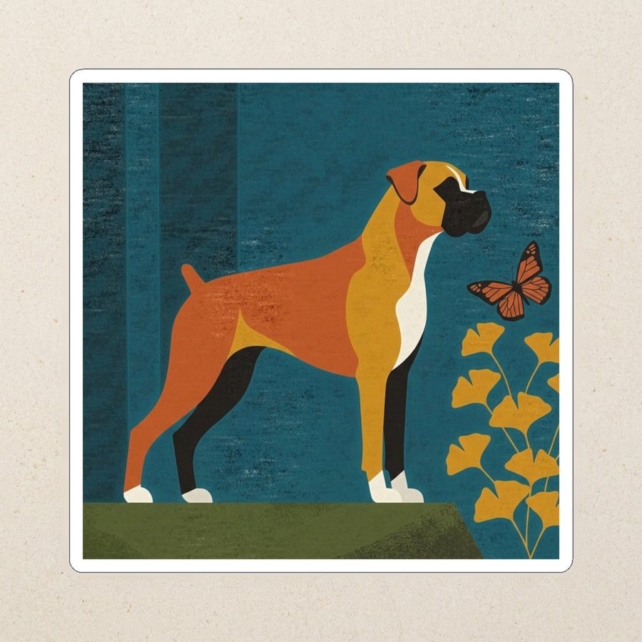 Boxer Kiss-Cut Sticker, Retro Autumn Dog Art, Boxer Lover Gift, Vinyl Sticker kiss-cut vinyl sticker applied to a journal cover on a limestone desk, photographed from directly above