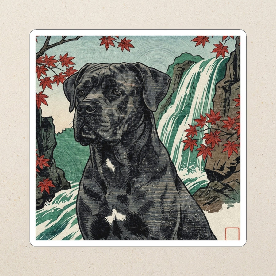 Cane Corso Kiss-Cut Sticker, Japanese Print Dog Art, Cane Corso Lover Gift, Vinyl Sticker kiss-cut vinyl sticker applied to a journal cover on a limestone desk, photographed from directly above