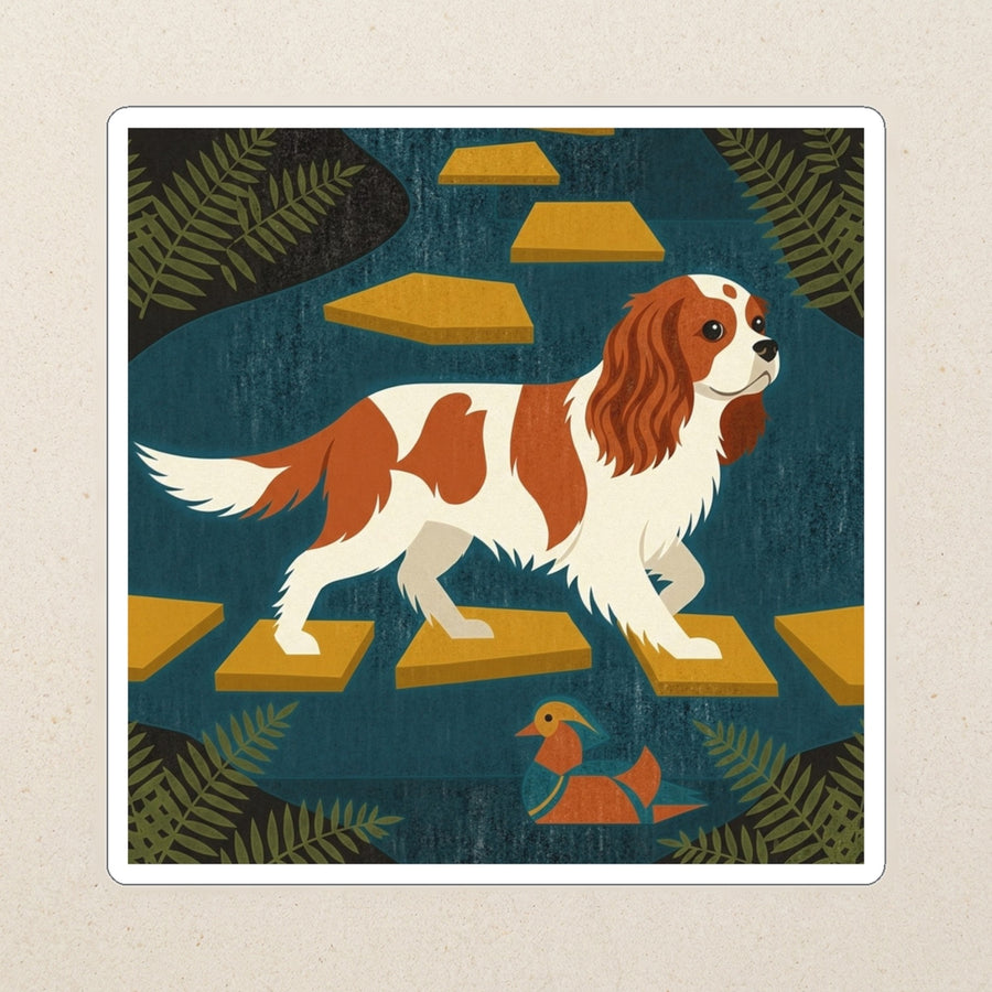 Cavalier King Charles Spaniel Kiss-Cut Sticker, Retro Autumn Dog Art, Cavalier King Charles Spaniel Lover Gift, Vinyl Sticker kiss-cut vinyl sticker applied to a journal cover on a limestone desk, photographed from directly above
