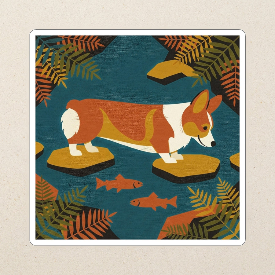 Corgi Kiss-Cut Sticker, Retro Autumn Dog Art, Corgi Lover Gift, Vinyl Sticker kiss-cut vinyl sticker applied to a journal cover on a limestone desk, photographed from directly above