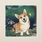 Corgi Japanese Print stocking stuffer gift set: round cork-back coaster and two 3x3 vinyl stickers