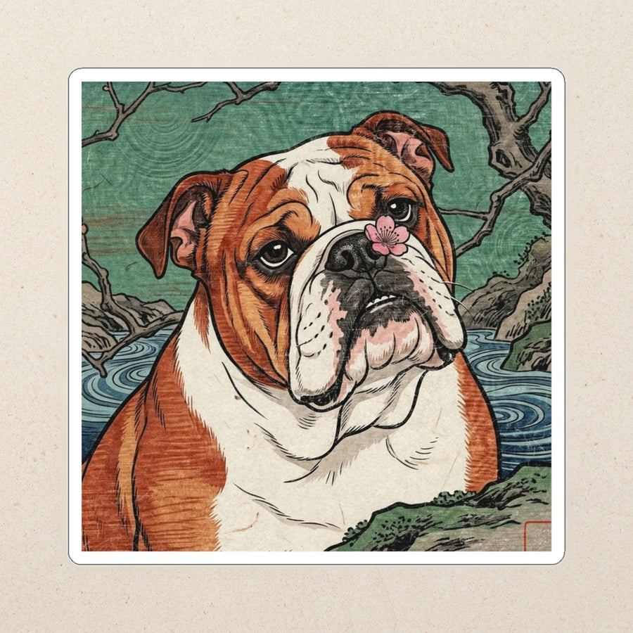 English Bulldog Kiss-Cut Sticker, Japanese Print Dog Art, English Bulldog Lover Gift, Vinyl Sticker kiss-cut vinyl sticker applied to a journal cover on a limestone desk, photographed from directly above