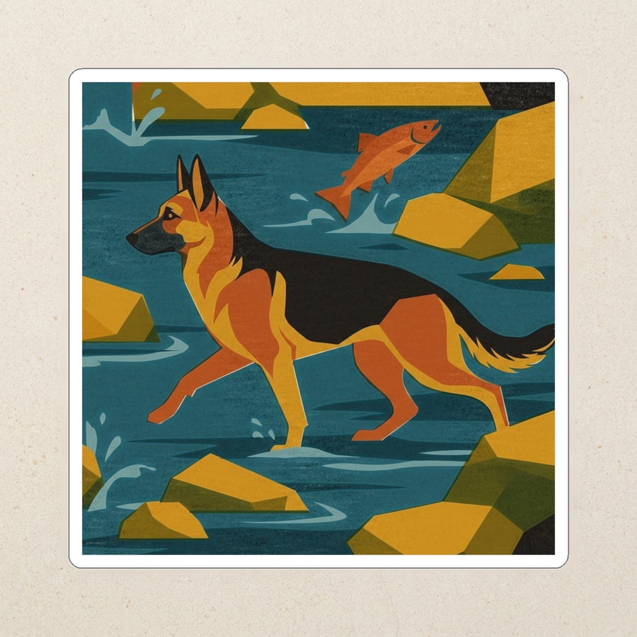 German Shepherd Kiss-Cut Sticker, Retro Autumn Dog Art, German Shepherd Lover Gift, Vinyl Sticker kiss-cut vinyl sticker applied to a journal cover on a limestone desk, photographed from directly above