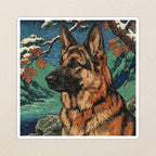 German Shepherd Kiss-Cut Sticker, Japanese Print Dog Art, German Shepherd Lover Gift, Vinyl Sticker kiss-cut vinyl sticker applied to a journal cover on a limestone desk, photographed from directly above
