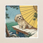 Havanese Kiss-Cut Sticker, Japanese Print Dog Art, Havanese Lover Gift, Vinyl Sticker kiss-cut vinyl sticker applied to a journal cover on a limestone desk, photographed from directly above