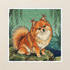 Pomeranian Kiss-Cut Sticker, Japanese Print Dog Art, Pomeranian Lover Gift, Vinyl Sticker kiss-cut vinyl sticker applied to a journal cover on a limestone desk, photographed from directly above
