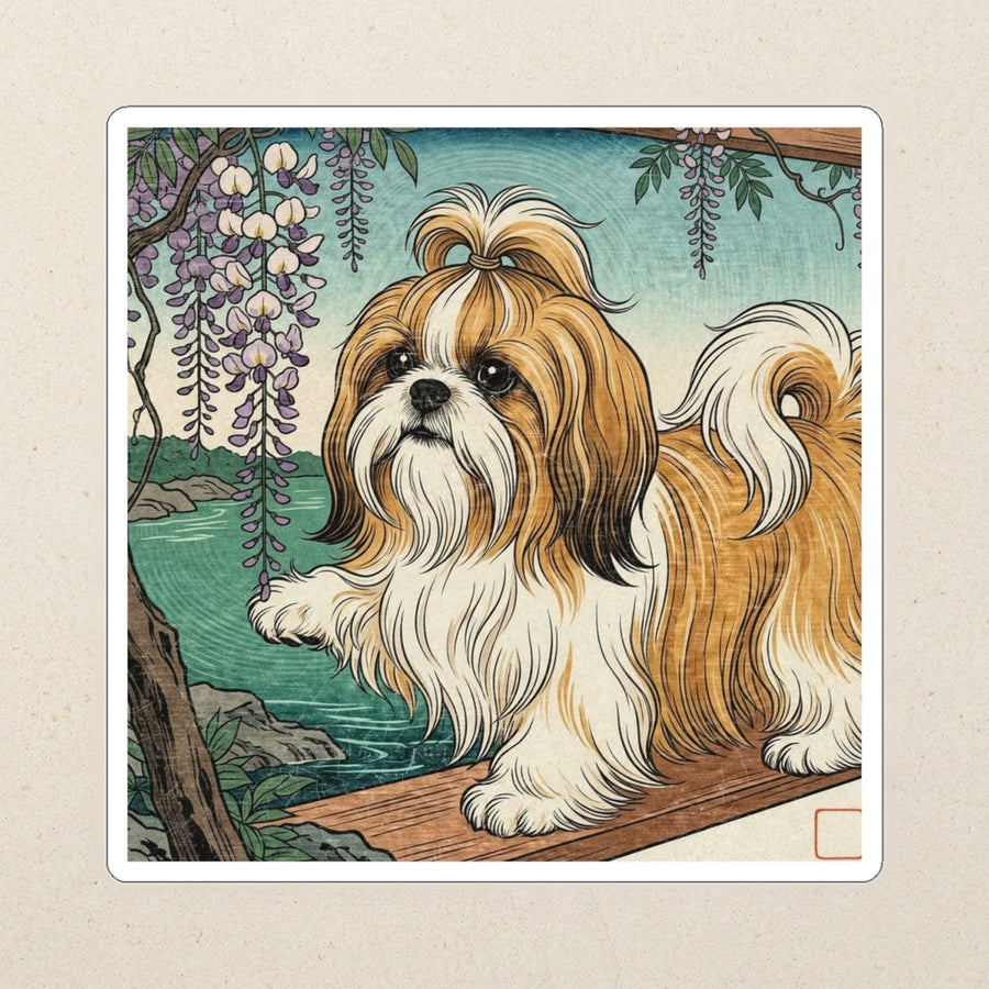 Shih Tzu Kiss-Cut Sticker, Japanese Print Dog Art, Shih Tzu Lover Gift, Vinyl Sticker kiss-cut vinyl sticker applied to a journal cover on a limestone desk, photographed from directly above