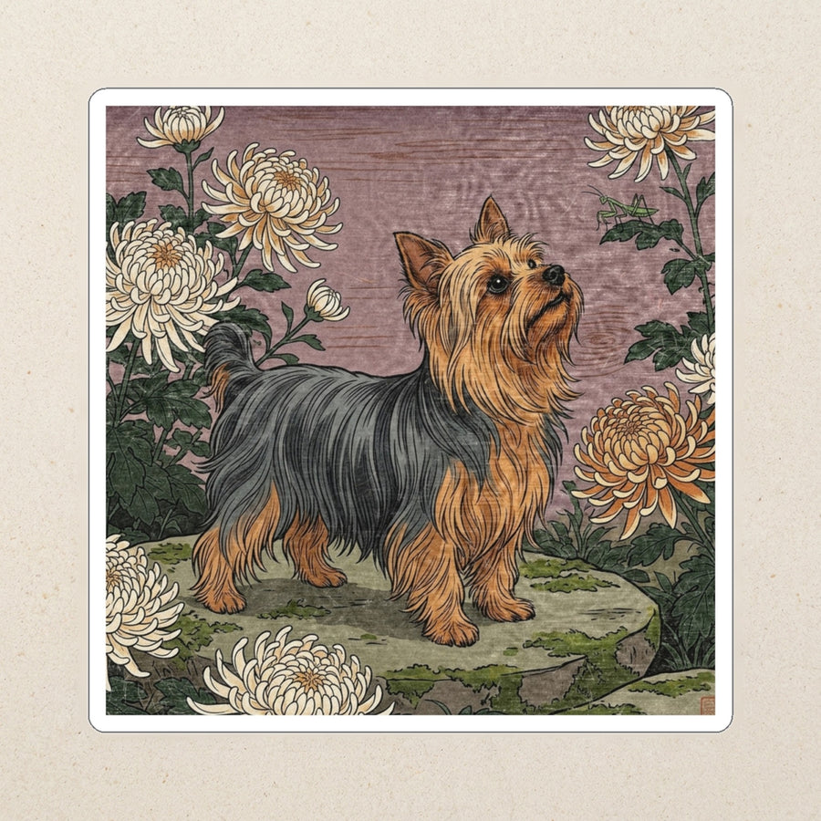 Yorkshire Terrier Kiss-Cut Sticker, Japanese Print Dog Art, Yorkshire Terrier Lover Gift, Vinyl Sticker kiss-cut vinyl sticker applied to a journal cover on a limestone desk, photographed from directly above