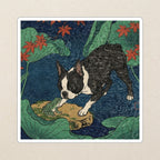 Boston Terrier Japanese Print stocking stuffer gift set: round cork-back coaster and two 3x3 vinyl stickers