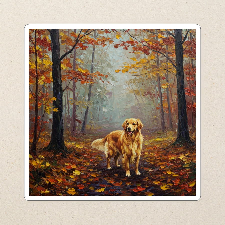 Golden Retriever Acrylic Kiss-Cut Sticker, Colorful Dog Art, Golden Retriever Lover Gift, Waterproof Vinyl kiss-cut vinyl sticker applied to a journal cover on a limestone desk, photographed from directly above