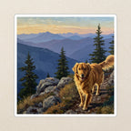 Golden Retriever Acrylic Kiss-Cut Sticker, Colorful Dog Art, Golden Retriever Lover Gift, Waterproof Vinyl kiss-cut vinyl sticker applied to a journal cover on a limestone desk, photographed from directly above