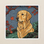 Golden Retriever Japanese Print stocking stuffer gift set: round cork-back coaster and two 3x3 vinyl stickers