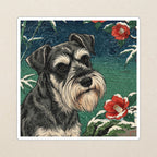 Miniature Schnauzer Japanese Print stocking stuffer gift set: round cork-back coaster and two 3x3 vinyl stickers