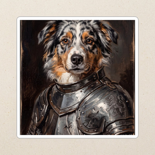 Australian Shepherd Medieval Knight Portrait Kiss-Cut Sticker, Regal Dog Art, Australian Shepherd Lover Gift, Waterproof Vinyl