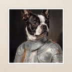 Boston Terrier Medieval Knight vinyl sticker by Tritan, angled view