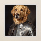 Golden Retriever Medieval Knight vinyl sticker by Tritan, angled view