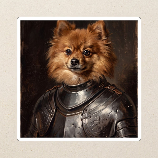 Pomeranian Medieval Knight Portrait Kiss-Cut Sticker, Regal Dog Art, Pomeranian Lover Gift, Waterproof Vinyl