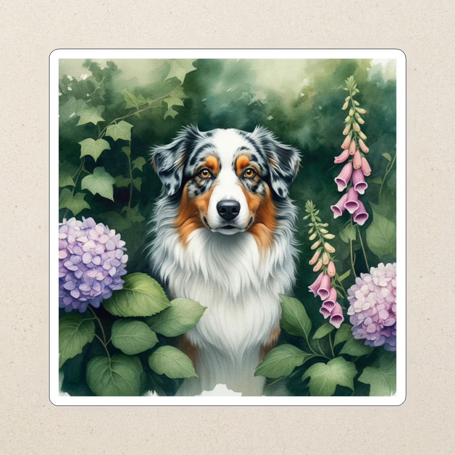 Australian Shepherd Watercolor Kiss-Cut Sticker, Soft Dog Art, Australian Shepherd Lover Gift, Waterproof Vinyl kiss-cut vinyl sticker applied to a journal cover on a limestone desk, photographed from directly above