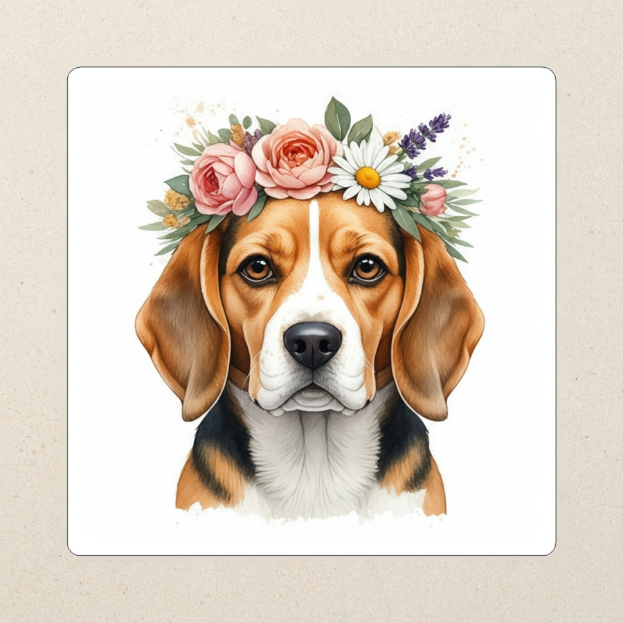 Beagle Watercolor Kiss-Cut Sticker, Soft Dog Art, Beagle Lover Gift, Waterproof Vinyl kiss-cut vinyl sticker applied to a journal cover on a limestone desk, photographed from directly above