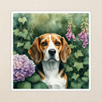 Beagle Watercolor Kiss-Cut Sticker, Soft Dog Art, Beagle Lover Gift, Waterproof Vinyl kiss-cut vinyl sticker applied to a journal cover on a limestone desk, photographed from directly above
