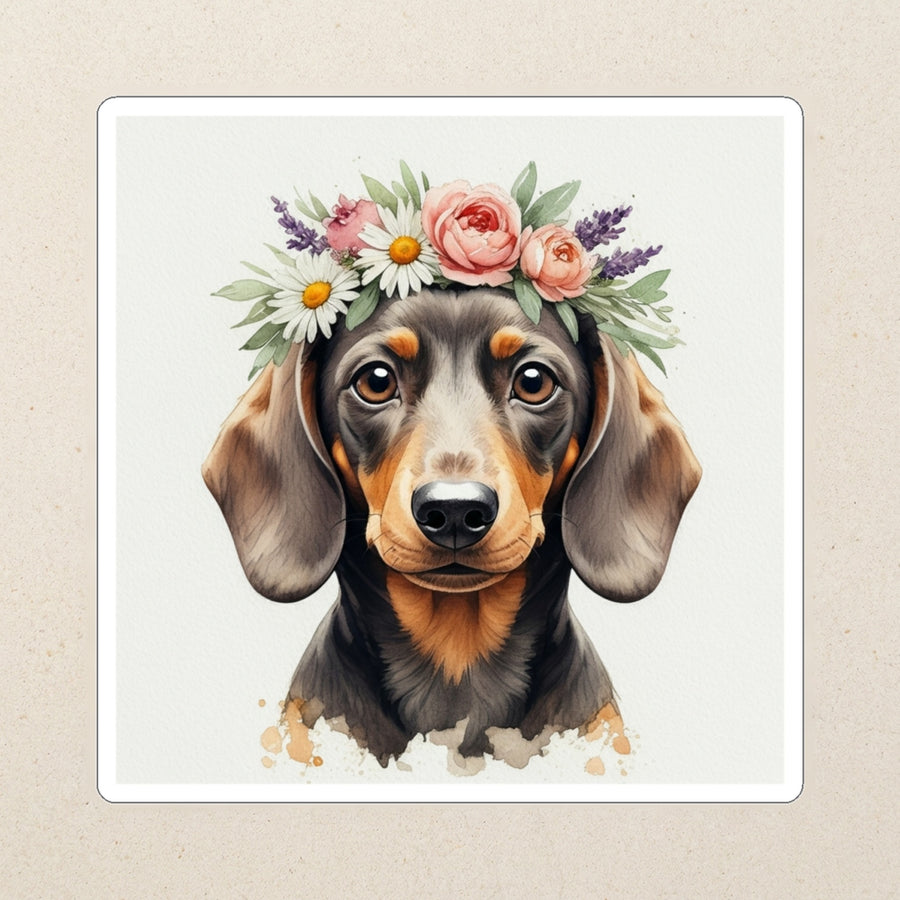 Dachshund Watercolor Kiss-Cut Sticker, Soft Dog Art, Dachshund Lover Gift, Waterproof Vinyl kiss-cut vinyl sticker applied to a journal cover on a limestone desk, photographed from directly above