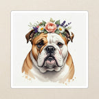 English Bulldog Watercolor Kiss-Cut Sticker, Soft Dog Art, English Bulldog Lover Gift, Waterproof Vinyl kiss-cut vinyl sticker applied to a journal cover on a limestone desk, photographed from directly above